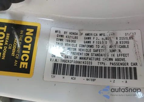 2017 Honda Accord Sport z USA, uszkodzony, nr VIN 1HGCR2F56HA143320